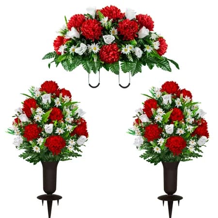 Red Mum and White Rose Saddle and 2 Bouquets with Sympathy Silks Vase