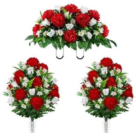 Red Mum and White Rose Saddle and 2 Bouquets