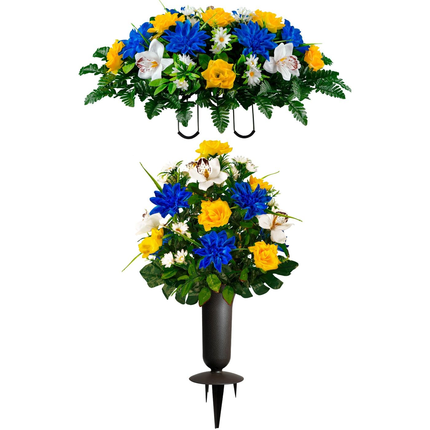 Blue Dahlia Yellow Rose with White Orchid Mix Saddle and 1 Bouquet with Vase - View 1
