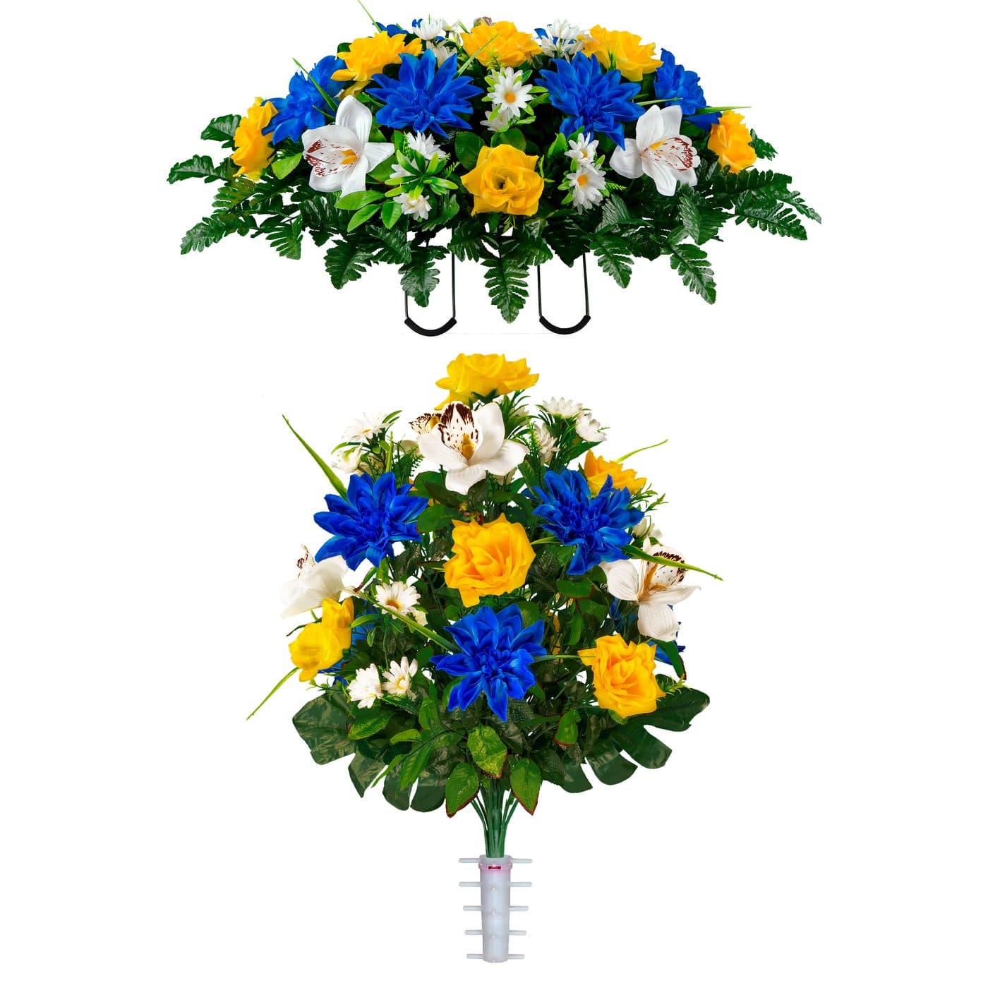 Blue Dahlia Yellow Rose and White Orchid Mix Saddle and 1 Bouquet - View 1