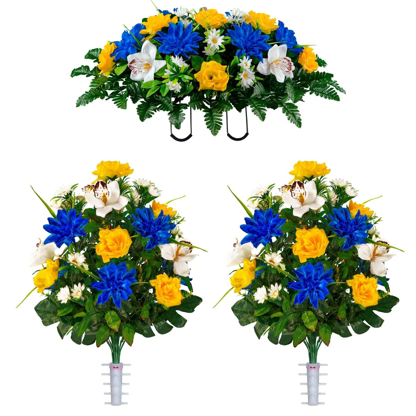 Blue Dahlia Yellow Rose with White Orchid Mix Saddle and 2 Bouquets - View 1
