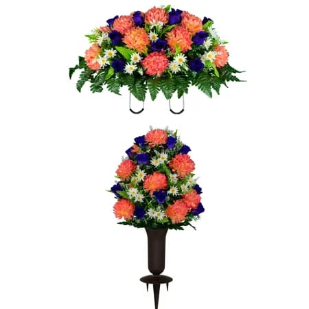 Salmon Rose and Purple Mum Saddle and 1 Bouquet with Sympathy Silks Vase - View 1