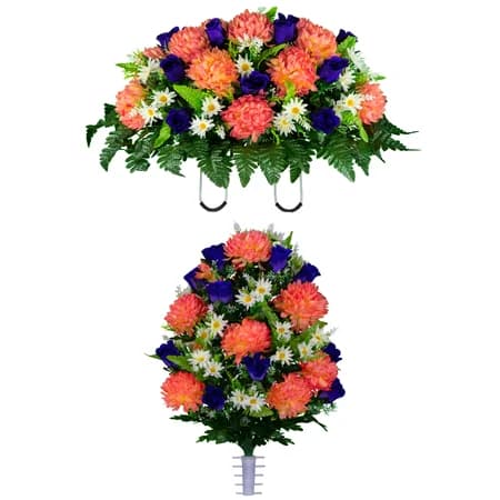 Salmon Rose and Purple Mum Saddle and 1 Bouquet - View 1