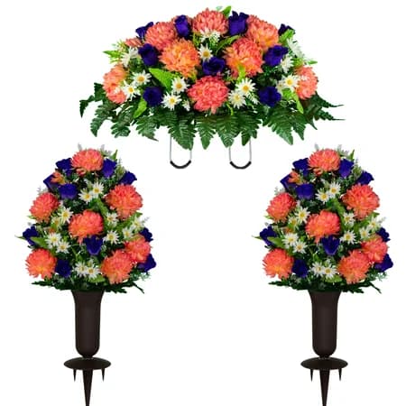 Salmon Rose and Purple Mum Saddle and 2 Bouquets with Sympathy Silks Vase - View 1