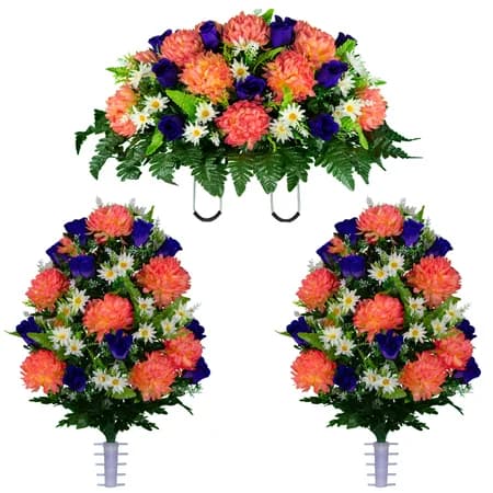 Salmon Rose and Purple Mum Saddle and 2 Bouquets - View 1