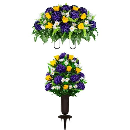 Purple Mum and Yellow Rose Saddle and 1 Bouquet with Sympathy Silks Vase