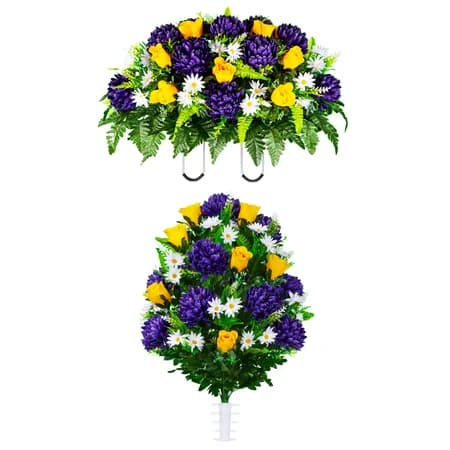 Purple Mum and Yellow Rose Saddle and 1 Bouquet - View 1