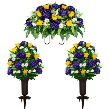 Purple Mum and Yellow Rose Saddle and 2 Bouquets with Sympathy Silks Vase - View 1