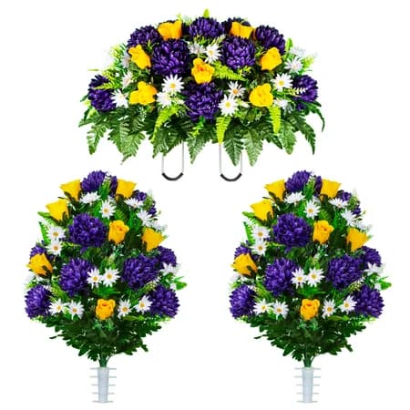 Purple Mum and Yellow Rose Saddle and 2 Bouquets