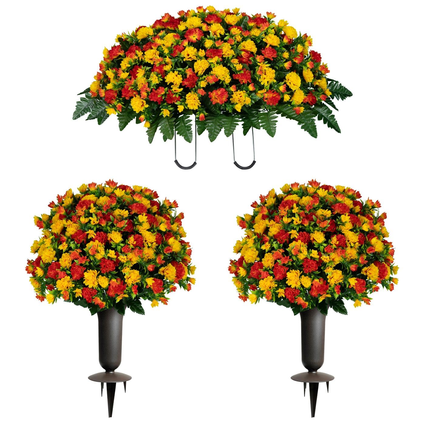 Sunset Orange Mum Saddle and 2 Bouquets with Sympathy Silks Vases - View 1