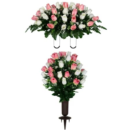 Cream and Pink Rose Bud Saddle and 1 Bouquet with Vase - View 1