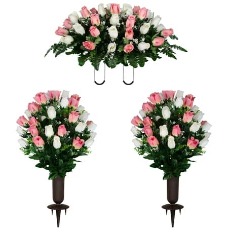 Cream and Pink Rose Bud Saddle and 2 Bouquets with Vase