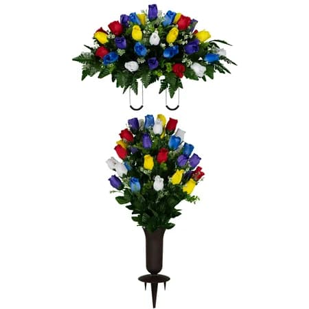 Multi Color Rose Bud Sympathy Silks Plastic Grave Vase with Spikes - View 1