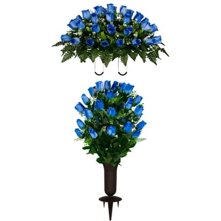 Blue Rose Bud Saddle and 1 Bouquet with Vase
