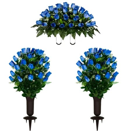 Blue Rose Bud Saddle and 2 Bouquet with Vases - View 1