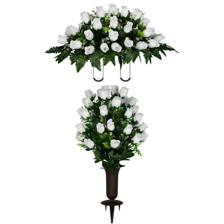 White Rose Buds White Rose Bud Sympathy Silks Plastic Grave Vase with Spikes - View 1