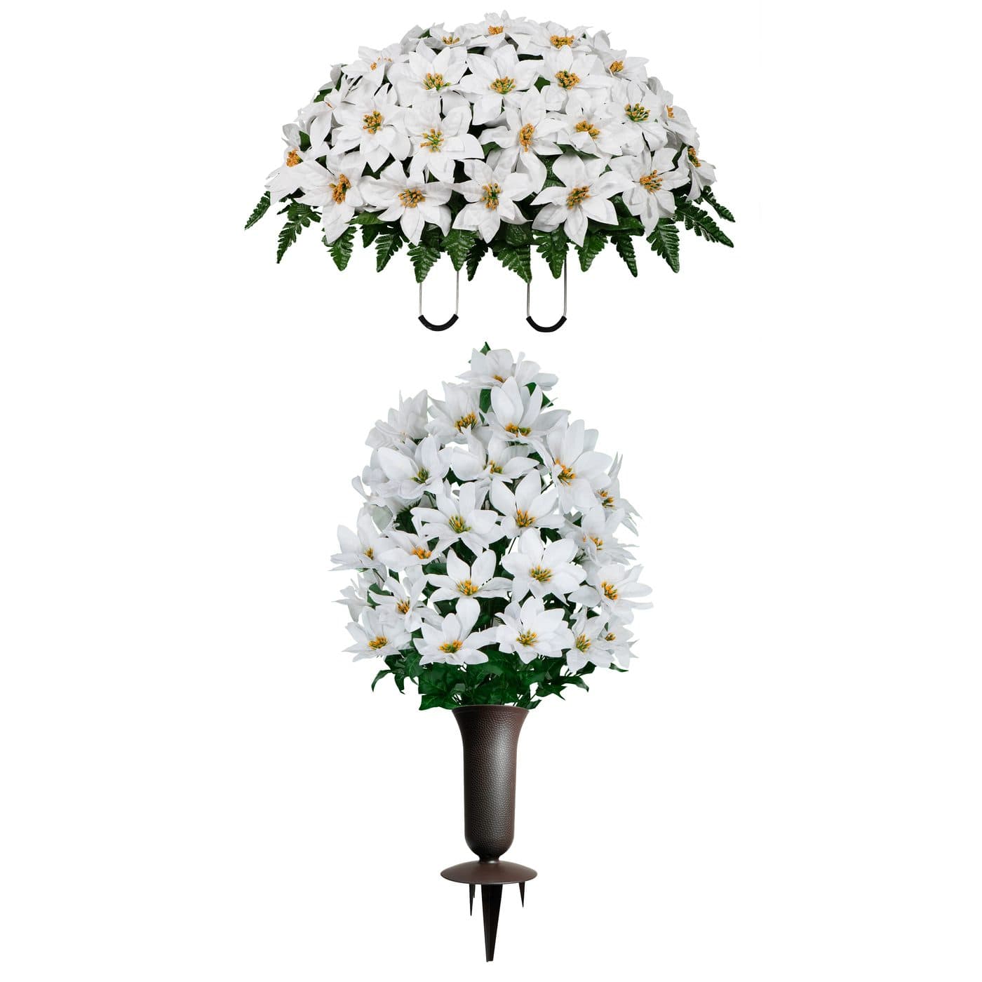 White Poinsettia Saddle and 1 Bouquet with Sympathy Silks Vase