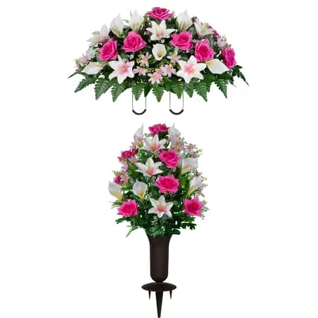 White Calla Lily and Pink Rose Saddle and 1 Bouquet with Sympathy Silks Vase - View 1