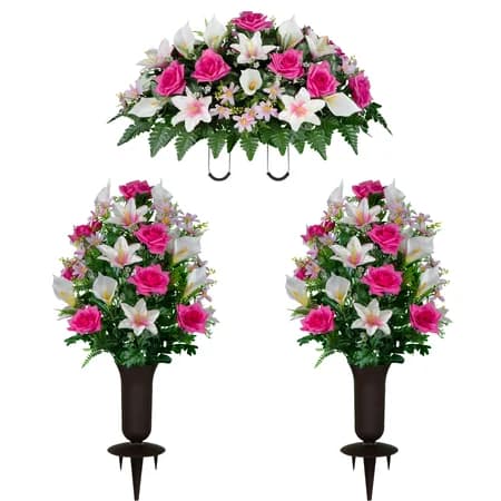 White Calla Lily and Pink Rose Saddle and 2 Bouquets with Sympathy Silks Vases