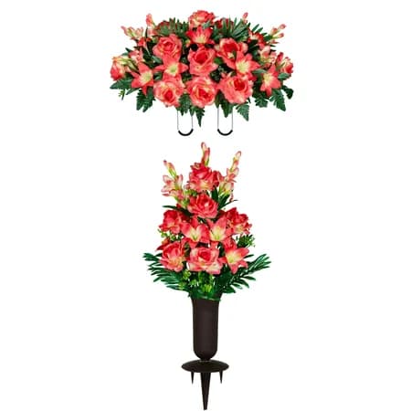 Coral Gladiolus Rose and Lily Saddle and 1 Bouquet with Sympathy Silks Vase - View 1