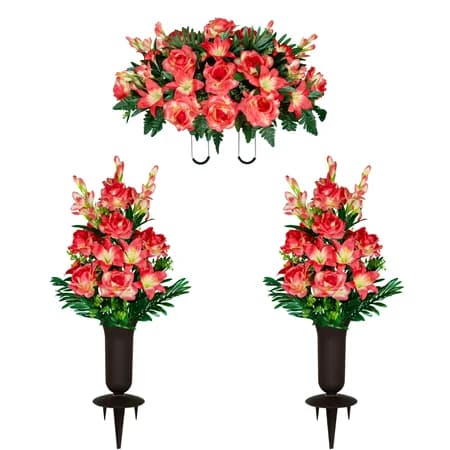 Coral Gladiolus Rose and Lily Saddle and 2 Bouquets with Sympathy Silks Vases - View 1