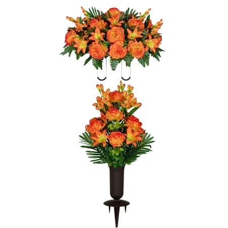 Sunrise Gladiolus Rose and Lily Saddle and 1 Bouquet with Sympathy Silks Vase