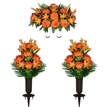 Sunrise Gladiolus Rose and Lily Saddle and 2 Bouquets with Sympathy Silks Vases - View 1