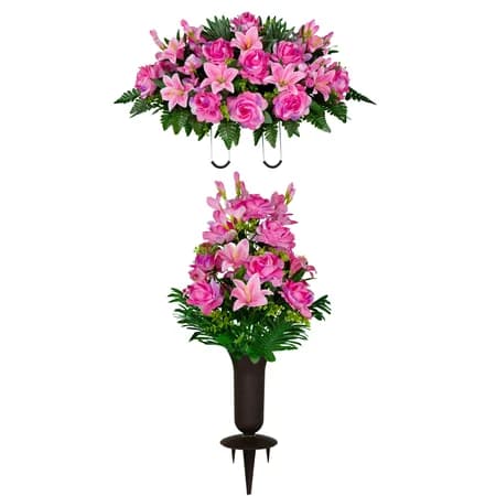 Pink Gladiolus Rose and Lily Saddle and 1 Bouquet with Sympathy Silks Vase - View 1