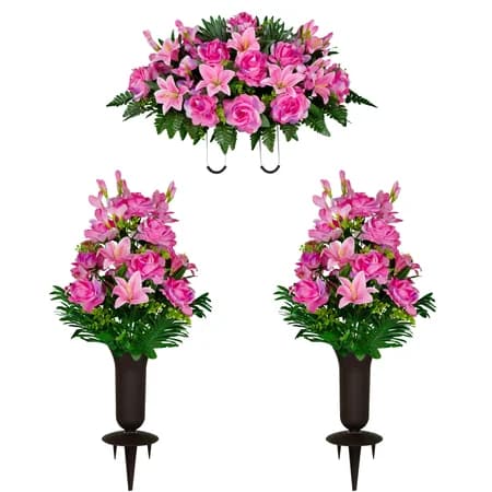 Pink Gladiolus Rose and Lily Saddle and 2 Bouquets with Sympathy Silks Vases - View 1