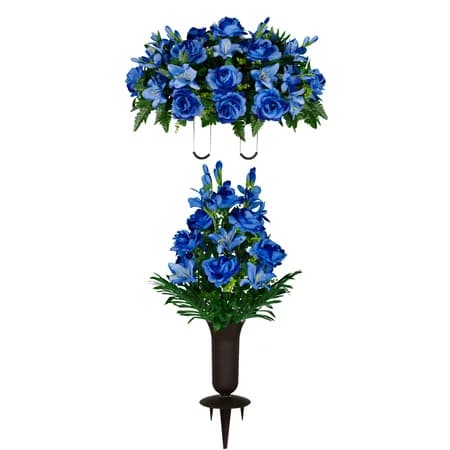 Blue Gladiolus Rose and Lily Saddle and 1 Bouquet with Sympathy Silks Vase
