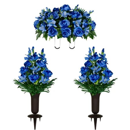 Blue Gladiolus Rose and Lily Saddle and 2 Bouquets with Sympathy Silks Vases - View 1