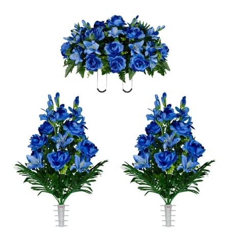 Blue Gladiolus Rose and Lily Saddle and 2 Bouquets - View 1