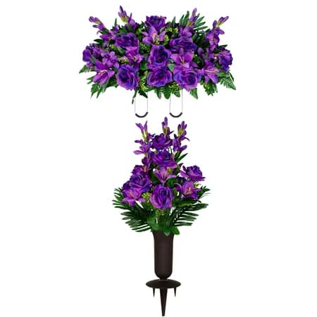 Purple Gladiolus Rose and Lily Saddle and 1 Bouquet with Sympathy Silks Vase - View 1