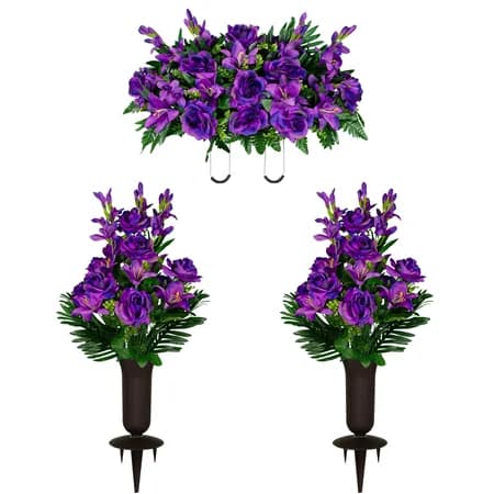 Purple Gladiolus Rose and Lily Saddle and 2 Bouquets with Sympathy Silks Vases - View 1