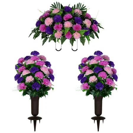 Purple and Pink Mums Saddle with 2 Bouquets with Sympathy Silks Vase - View 1