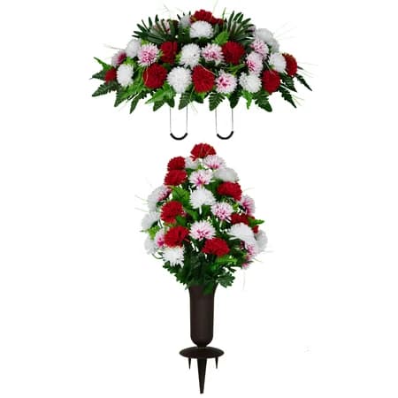 Red and White Mums Saddle and 1 Bouquet with Vase - View 1