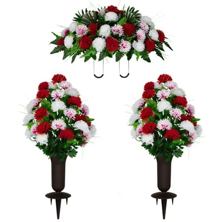 Red and White Mums Saddle and 2 Bouquet with Vase - View 1