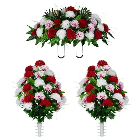 Red and White Mums Saddle and 2 Bouquet