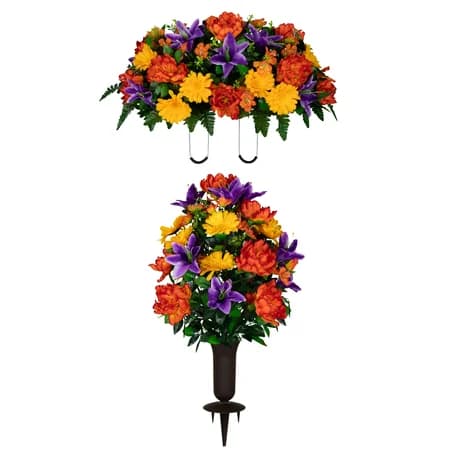 Orange Peony Purple Lilies and Yellow Daisies Saddle and 1 Bouquet with Vases - View 1