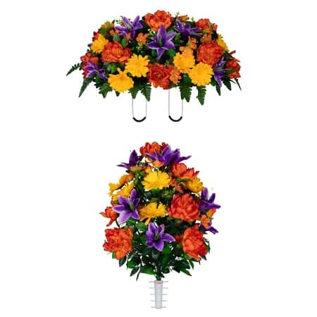 Orange Peony Purple Lilies and Yellow Daisies Saddle and 1 Bouquet - View 1