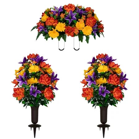 Orange Peony Purple Lilies and Yellow Daisies Saddle and 2 Bouquet with Vases - View 1