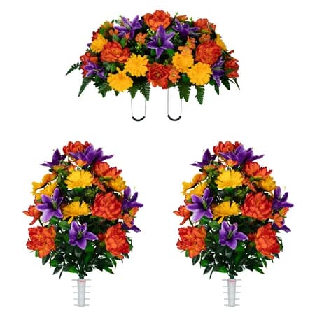 Orange Peony Purple Lilies and Yellow Daisies Saddle and 2 Bouquet - View 1