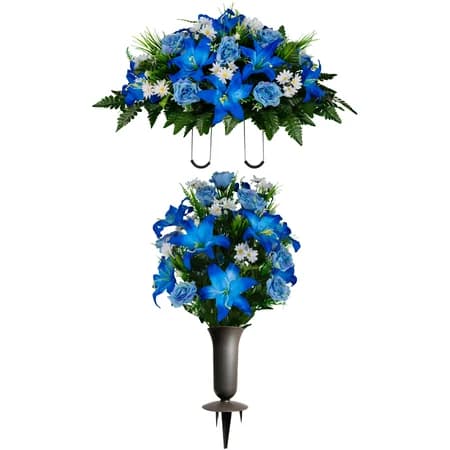 Blue Lily and Rose with White Daisies Saddle and 1 Bouquets with Sympathy Silks Vase