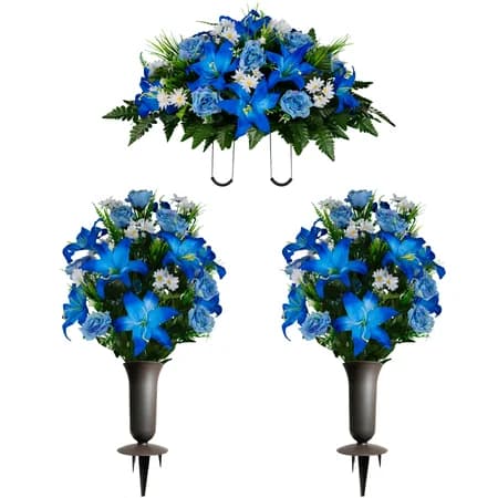 Blue Lily and Rose with White Daisies Saddle and 2 Bouquets with Sympathy Silks Vase