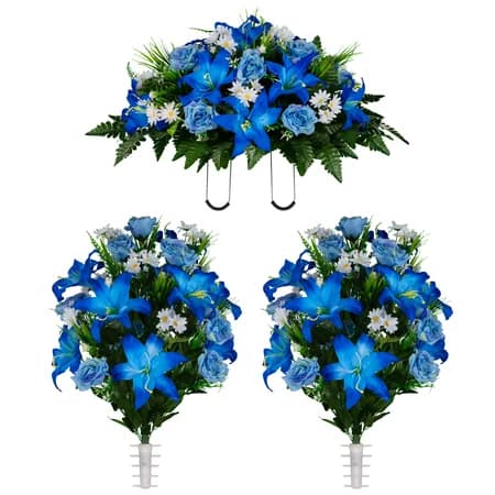 Blue Lily and Rose with White Daisies Saddle and 2 Bouquet - View 1