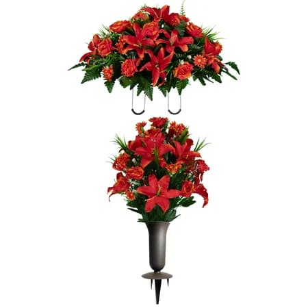 Fire Red Lily Rose and Daisies Saddle with 1 Bouquet and Vase - View 1