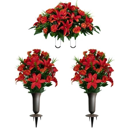 Fire Red Lily Rose and Daisies Saddle with 2 Bouquet with Vase