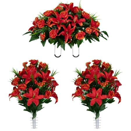 Fire Red Lily Rose and Daisies Saddle and 2 Bouquet - View 1