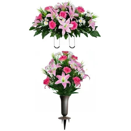 Pink Lily and Rose with Daisies Saddle with 1 Bouquet and Sympathy Silks Vase
