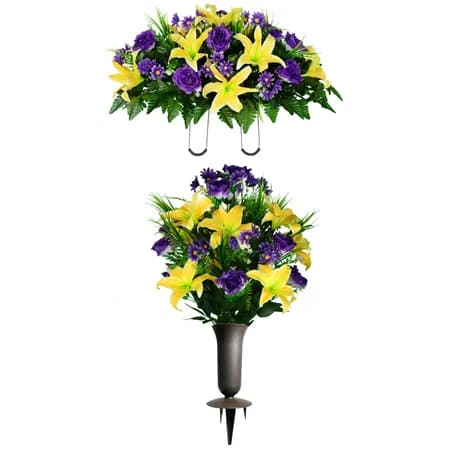 Yellow Lily with Purple Roses and Daisies Saddle with 1 Bouquet and Sympathy Silks Vase - View 1